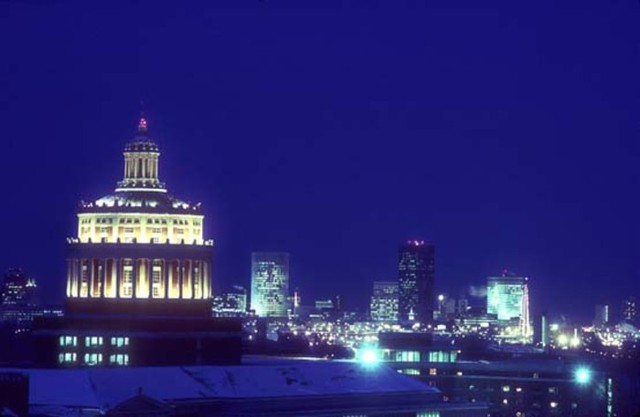 Rush Rhees Library & view of downtown Rochester